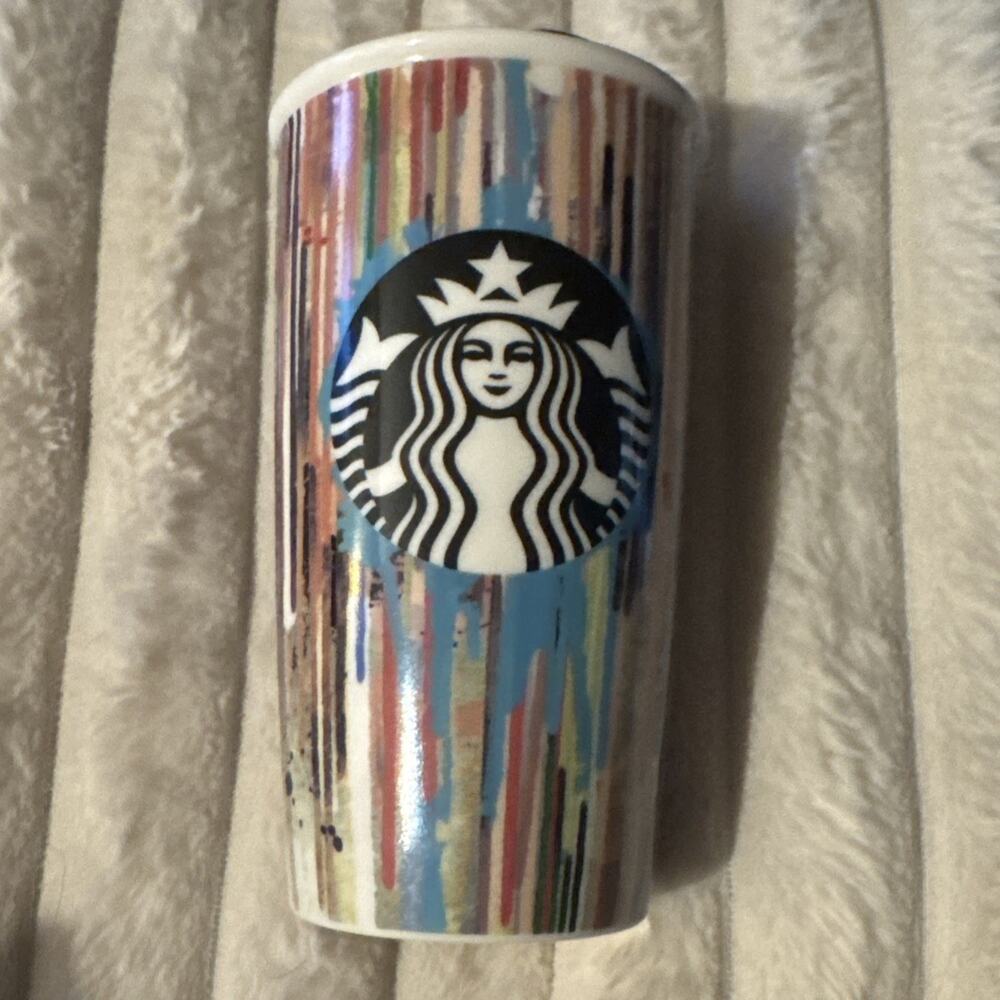 NEW Starbucks 2015 Paint Drip Stripes Ceramic Travel Tumbler Mug Discontinued